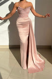 Chic Pink Strapless Sequined Satin Evening Prom Dresses with Ruffles