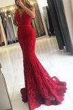 Elegante vestido de fiesta de sirena de encaje rojo Vestidos largos de noche