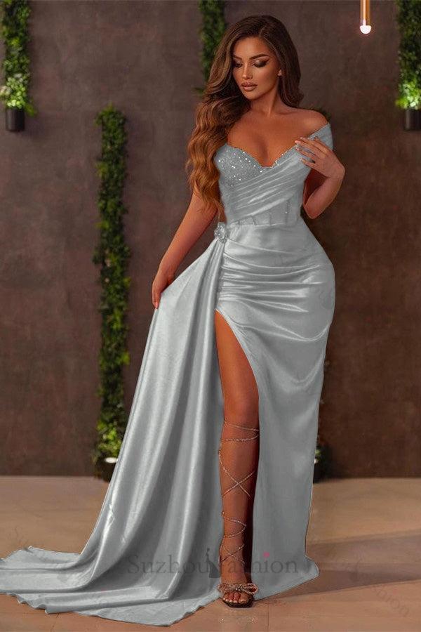 Chic Red Mermaid Prom Dress Off the Shoulder Evening Formal Dress With Slit