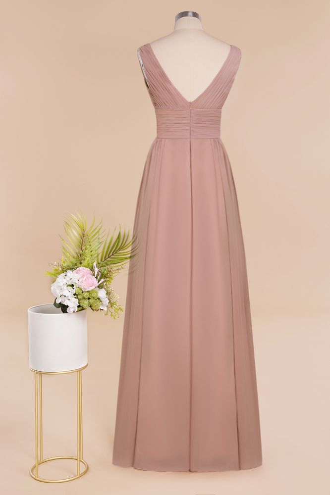 Chic Ruffles V-Neck Elegant Dusty Pink Bridesmaid Dresses On Sale
