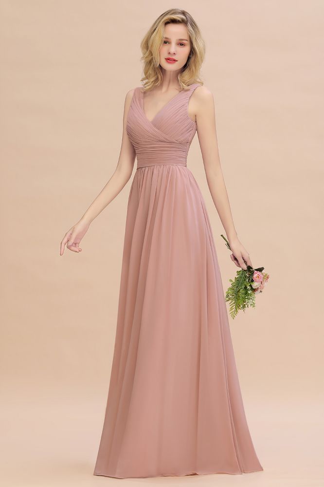 Chic Ruffles V-Neck Elegant Dusty Pink Bridesmaid Dresses On Sale