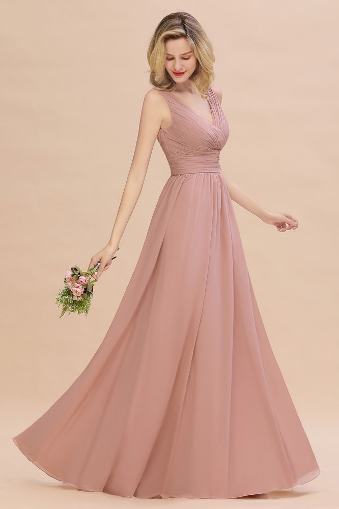 Chic Ruffles V-Neck Elegant Dusty Pink Bridesmaid Dresses On Sale
