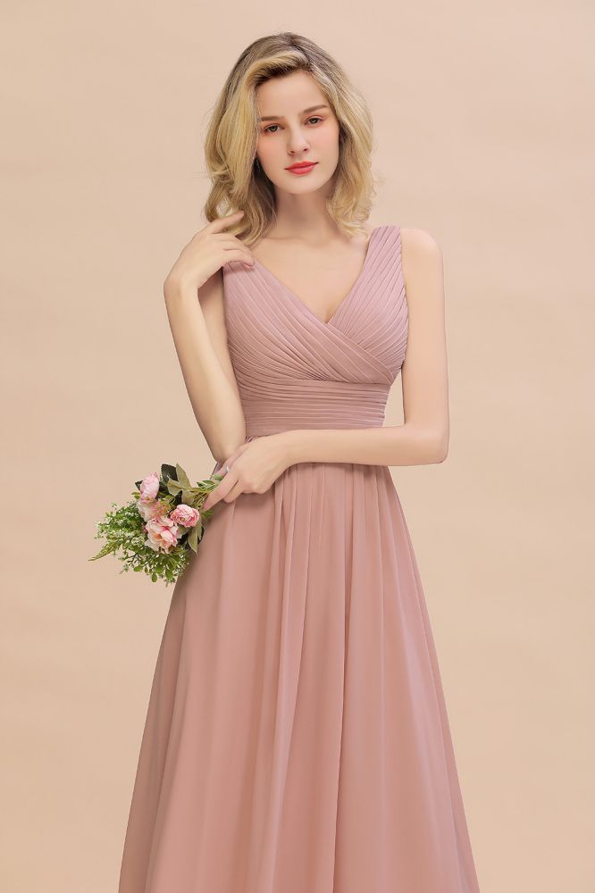 Chic Ruffles V-Neck Elegant Dusty Pink Bridesmaid Dresses On Sale