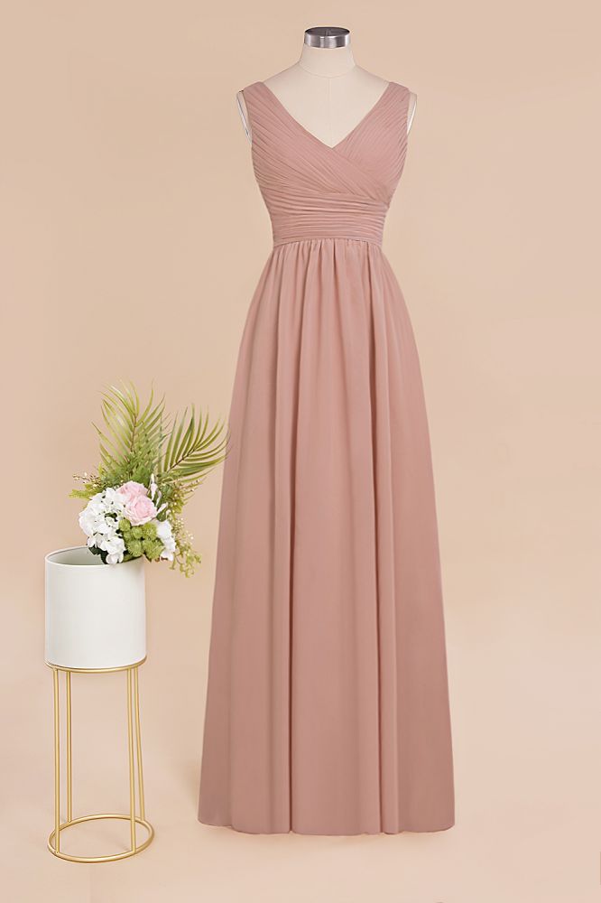 Chic Ruffles V-Neck Elegant Dusty Pink Bridesmaid Dresses On Sale