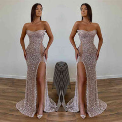 Chic Sequined Long Strapless A-line Evening Prom Dresses with Front Slit