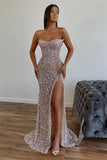 Chic Sequined Long Strapless A-line Evening Prom Dresses with Front Slit