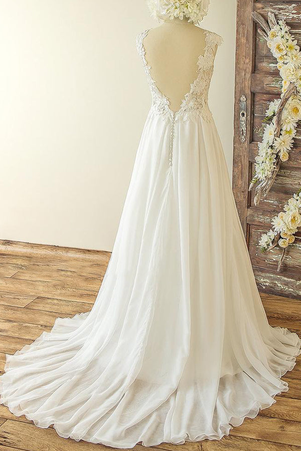Chic Sleeveless Jewel Appliques Wedding Dress | A-Line Chiffon Ruffles Bridal Gowns