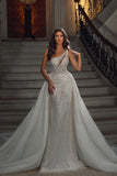 Chic Sleeveless Mermaid Sequined Bridal Dress with Lace