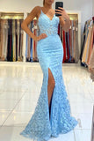 Chic Sleeveless V Neck Blue Aplliques Front-Split Mermaiad Prom Dresses