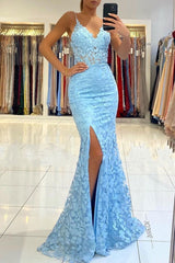 Chic Sleeveless V Neck Blue Aplliques Front-Split Mermaiad Prom Dresses
