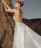 Chic Sleeveless V-Neck Wedding Dress Aline Tulle Brial Dress with Lace Appliques& Pockets