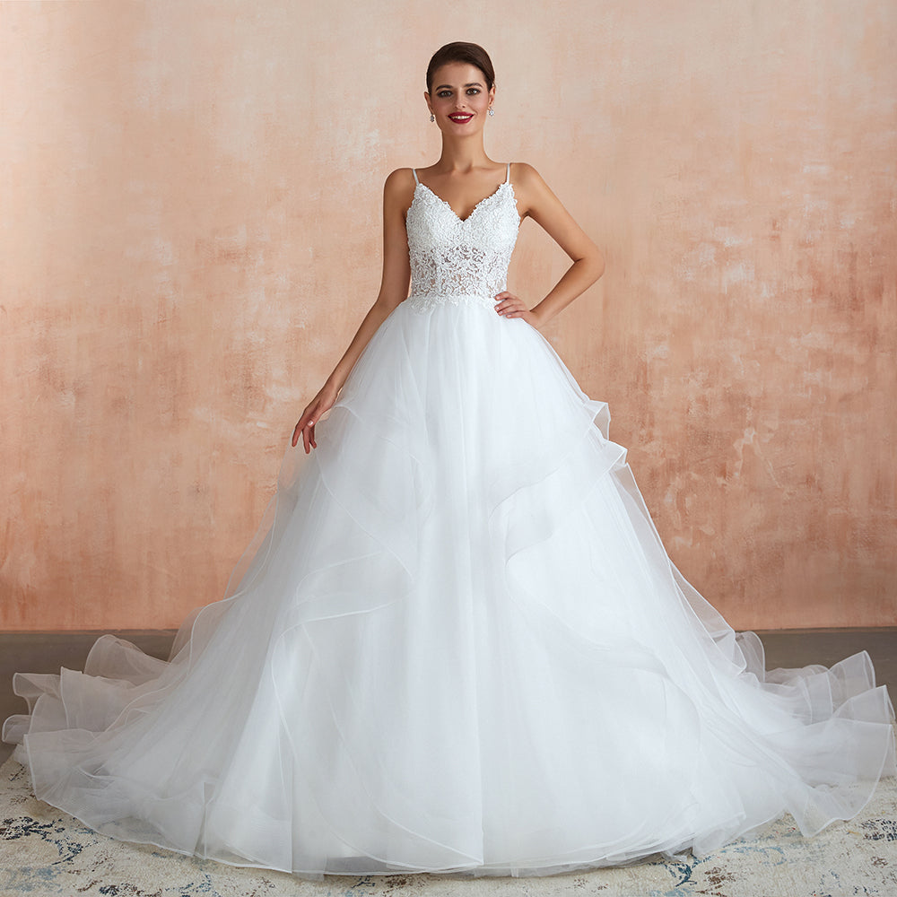 spaghetti strap lace wedding dress Chic Spaghetti Straps Lace Wedding Dress with See Through Bodice