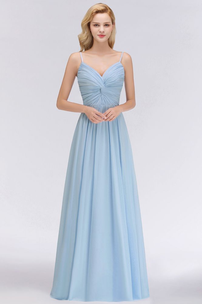Chic Spaghetti Straps Ruggle Chiffon Bridesmaid Dress Sky Blue Elegant Wedding Party Dress