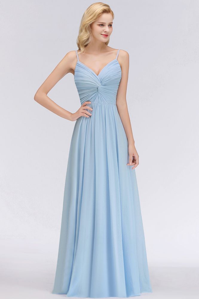 Chic Spaghetti Straps Ruggle Chiffon Bridesmaid Dress Sky Blue Elegant Wedding Party Dress