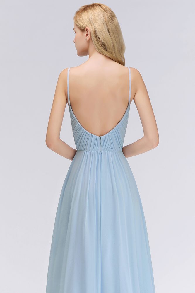 Chic Spaghetti Straps Ruggle Chiffon Bridesmaid Dress Sky Blue Elegant Wedding Party Dress