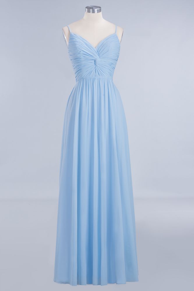 Chic Spaghetti Straps Ruggle Chiffon Bridesmaid Dress Sky Blue Elegant Wedding Party Dress