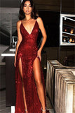 Chic Spaghetti-Straps Sequins Prom Dress Long With Slit