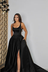 Chic Spaghetti-Straps Sleeveless Long Prom Dress Slit Front