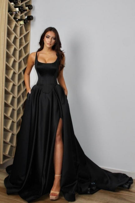 Chic Spaghetti-Straps Sleeveless Long Prom Dress Slit Front
