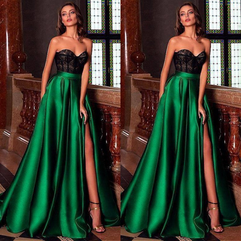Chic Strapless Jade Green Satin Sheath Prom Dresses With Front-Split
