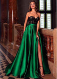 Chic Strapless Jade Green Satin Sheath Prom Dresses With Front-Split