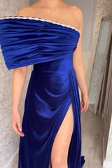 Chic Strapless Royal Blue Split From A-line Satin Evening Prom Dresses