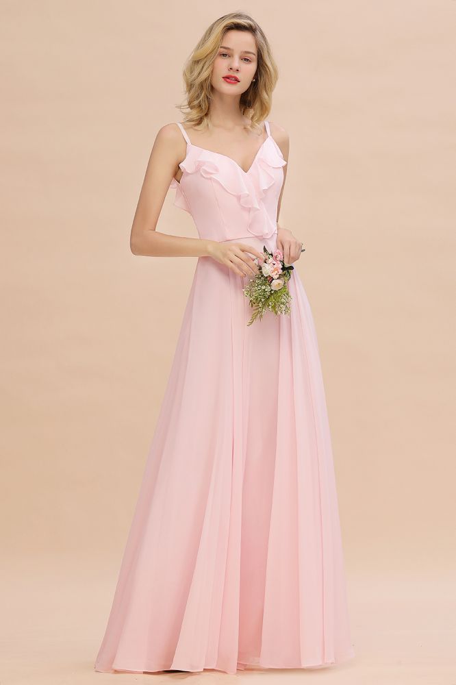 Chic Straps Sweetheart Pink Bridesmaid Dress Backless Chiffon Evening Party Dress
