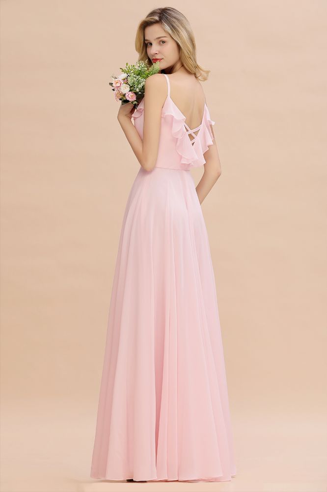 Chic Straps Sweetheart Pink Bridesmaid Dress Backless Chiffon Evening Party Dress