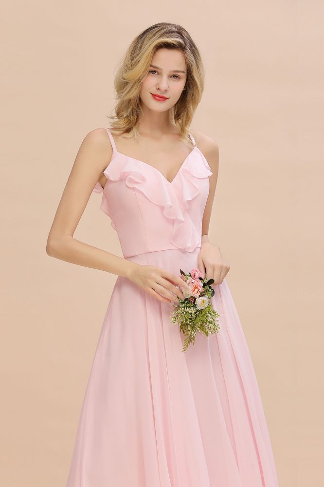 Chic Straps Sweetheart Pink Bridesmaid Dress Backless Chiffon Evening Party Dress