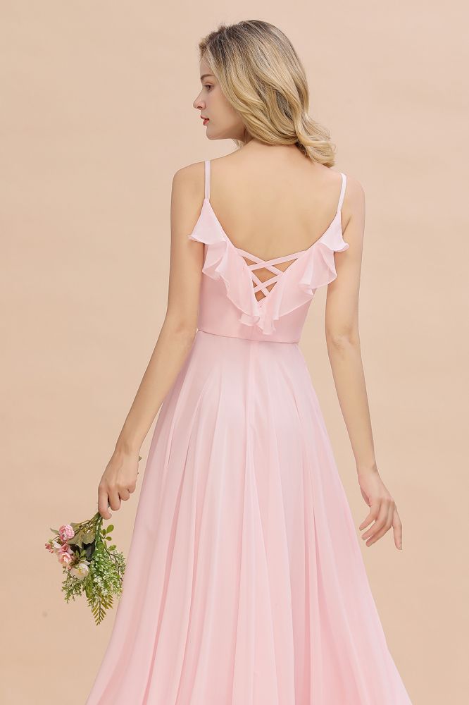 Chic Straps Sweetheart Pink Bridesmaid Dress Backless Chiffon Evening Party Dress
