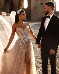 Chic Sweetheart Long Glitter Lace Beach Bridal Dress With Split