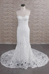 Chic Sweetheart Mermaid Lace Beach Wedding Dress | White Sleeveless Bridal Gowns With Appliques