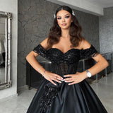 Chic Sweetheart Off-The-Shoulder Satin Black Prom Dresses with Beads