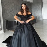 Chic Sweetheart Off-The-Shoulder Satin Black Prom Dresses with Beads
