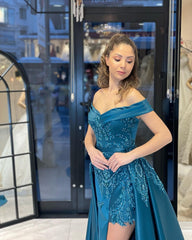 Chic Sweetheart Off-The-Shoulder Sheath Ribbon Prom Dresses with Appliques