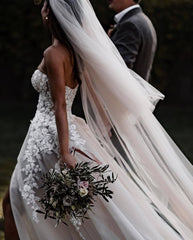 Chic Sweetheart Sleeveless 3D Floral Beach Wedding Dress Tulle Aline Beach Bridal Dress