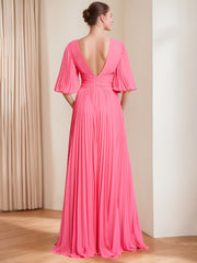 Chic V Neck A Line Dress with 3/4 Sleeves and Pleated Chiffon for Mothers of the Bride & Groom