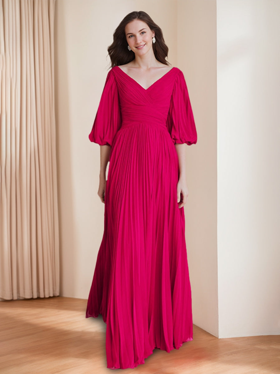 Chic V Neck A Line Dress with 3/4 Sleeves and Pleated Chiffon for Mothers of the Bride & Groom