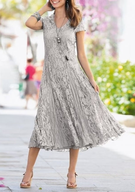 Chic V-Neck Short Sleeves Long Lace Mother of the Bride Dress