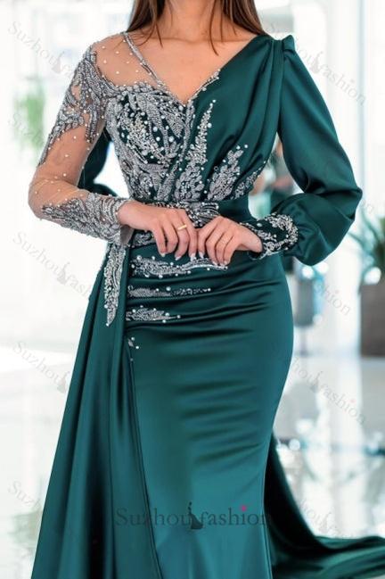 mermaid v neck long sleeve prom dress Chic V-neck long sleeves column mermaid Prom Dresses with ruffles
