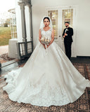 Chic White 3D Floral Lace Pricness Wedding Gown Cathedral Train