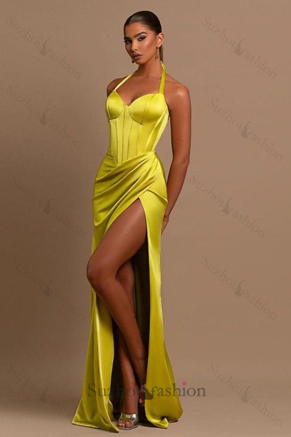 Chic Yellow Green Halter Evening Prom Dresses Mermaid Sleeveless Split Long