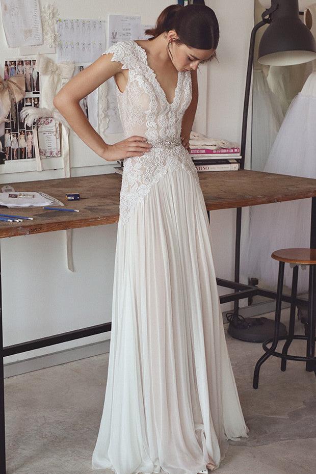 Chiffon Crystal Glamorous Lace Cap-Sleeve Lace Long Beach Wedding Dress