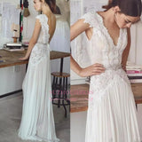 Chiffon Crystal Glamorous Lace Cap-Sleeve Lace Long Wedding Dress