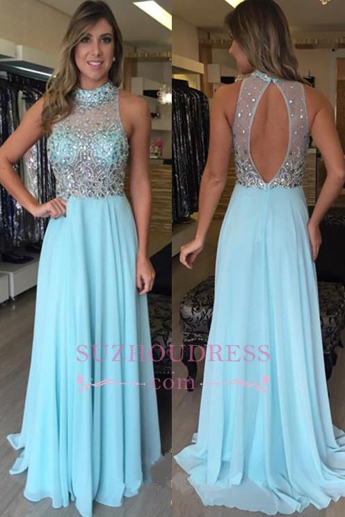 Chiffon Crystal High-Neck Halter Long Natural Prom Dresses