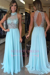 Chiffon Crystal High-Neck Halter Long Natural Prom Dresses
