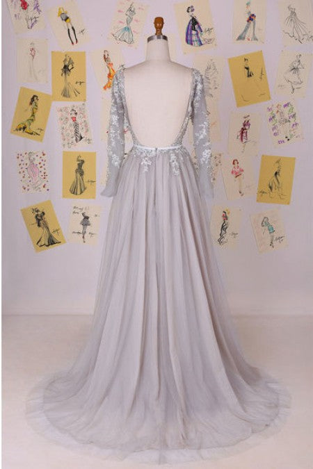 Chiffon Long Sleeve A-Line Prom Dress Open Back Lace Applique Party Dresses