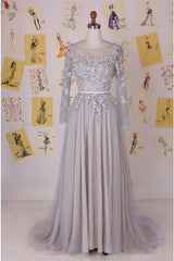 Chiffon Long Sleeve A-Line Prom Dress Open Back Lace Applique Party Dresses