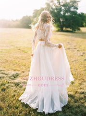 Chiffon Long-Sleeves Lace Two-Piece A-line Elegant Wedding Dresses