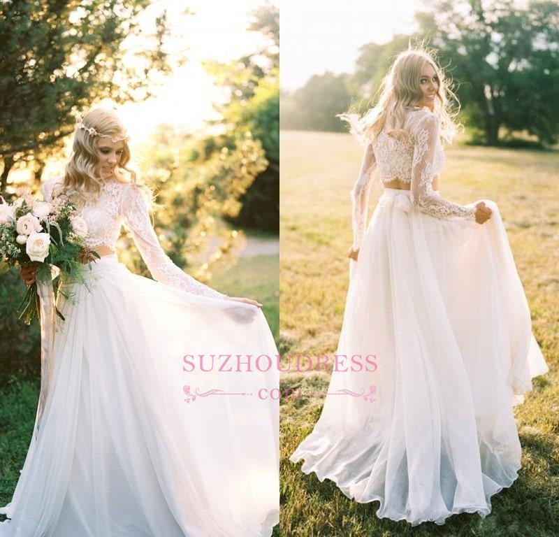 Chiffon Long-Sleeves Lace Two-Piece A-line Elegant Wedding Dresses